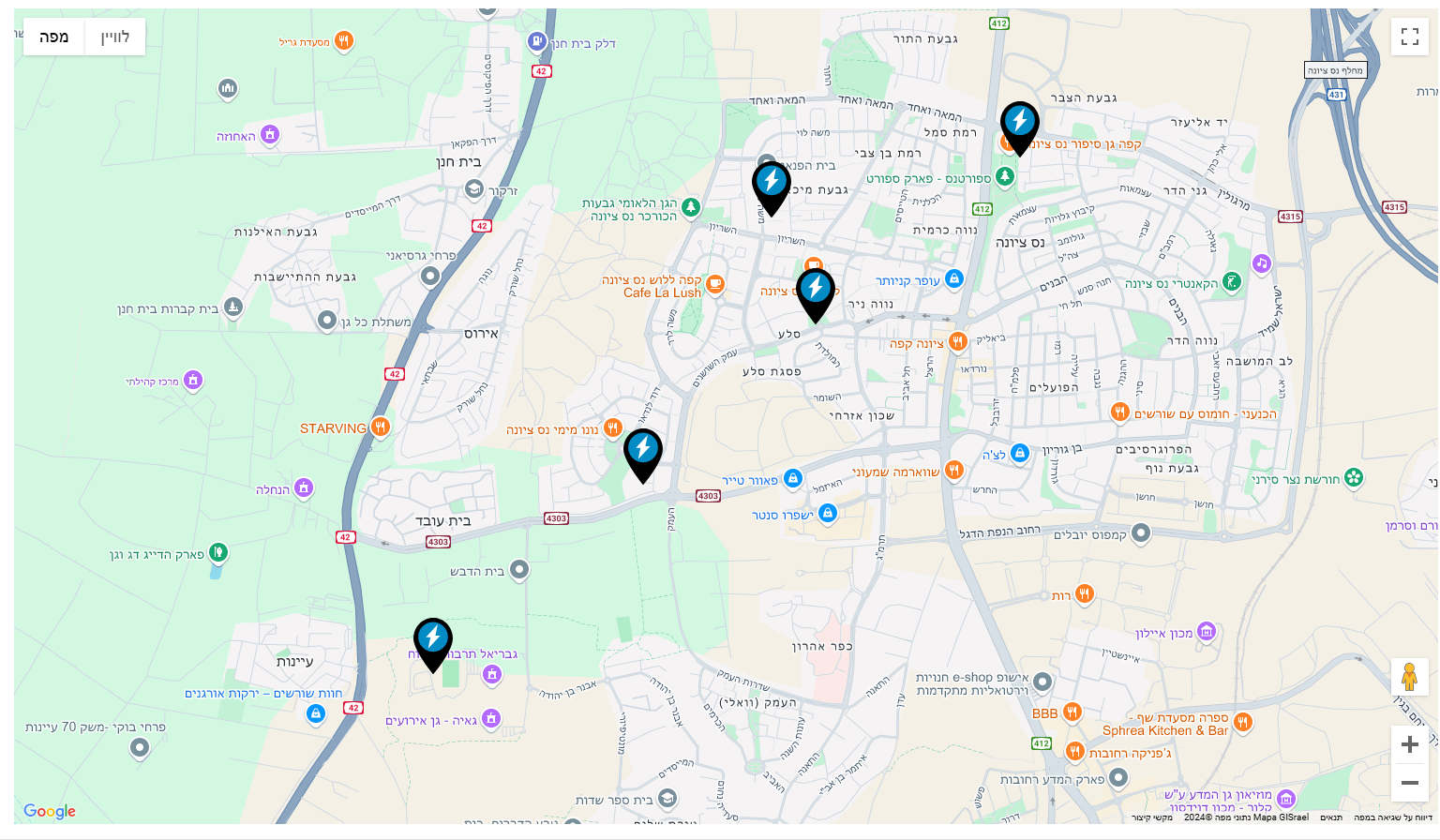 מיקומי עמדות טעינה לרכב חשמלי בעיר נס ציונה